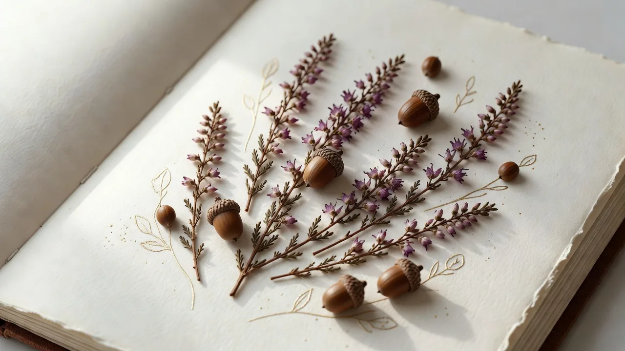 押し花とエイコーン — Pressed heather and acorns in botanical journal